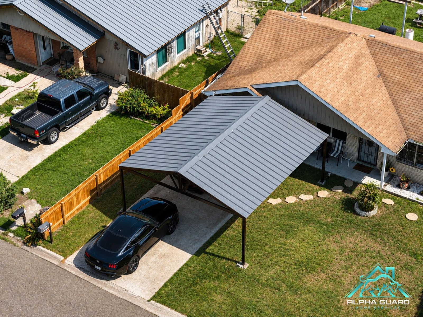 Premium outdoor living space with pergola and patio built by Alpha Guard